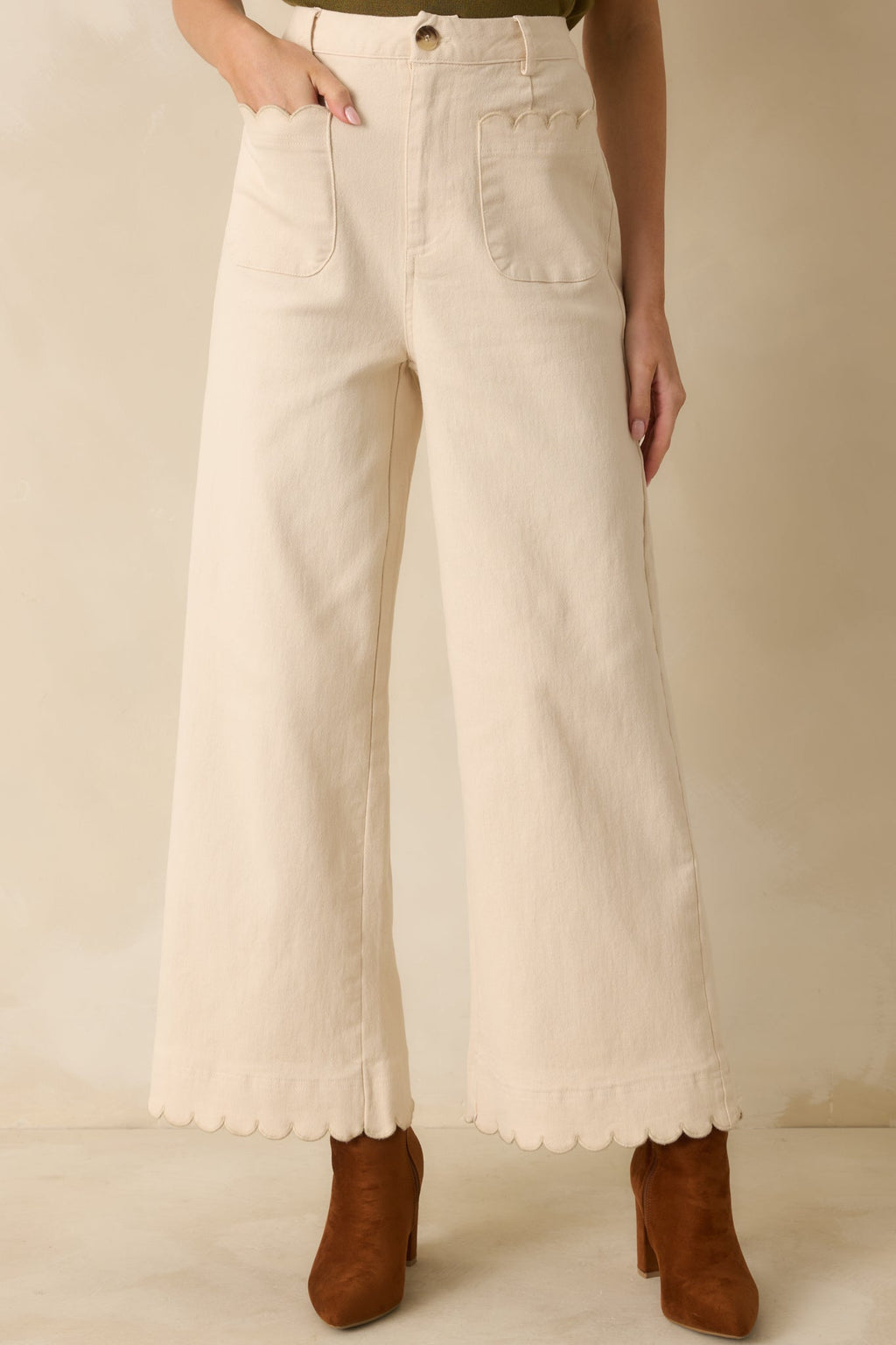 Set For The Day Ivory Cotton Scalloped Wide Leg Pants