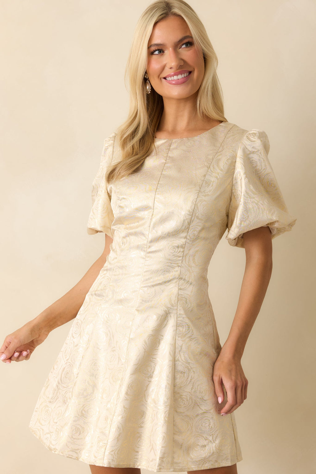 Never Without Grace Champagne Floral Jacquard Mini Dress