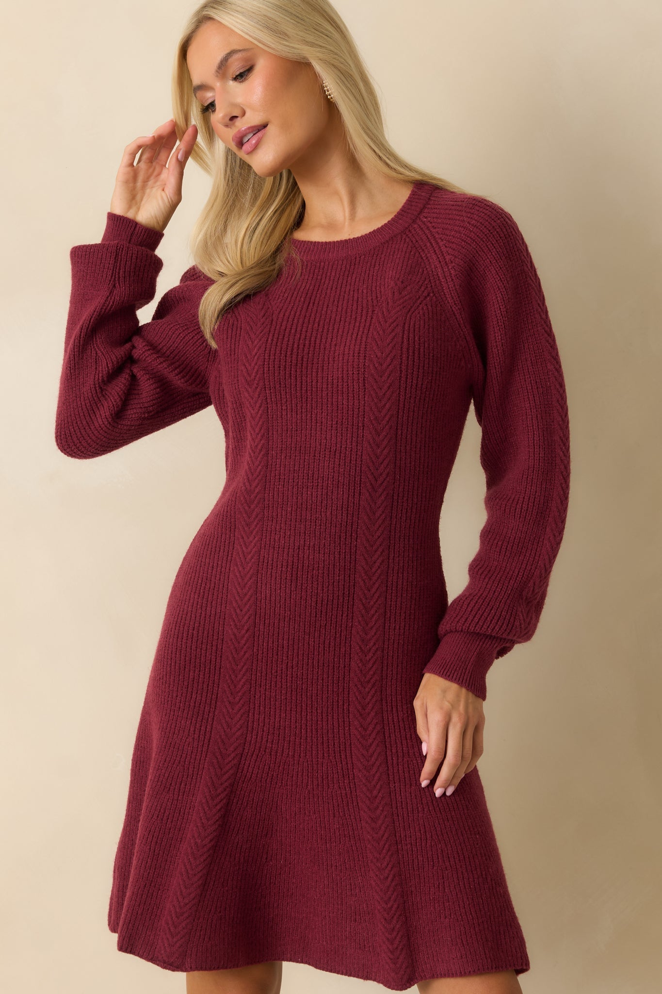 No Better Time Burgundy Ribbed Knit Sweater Mini Dress