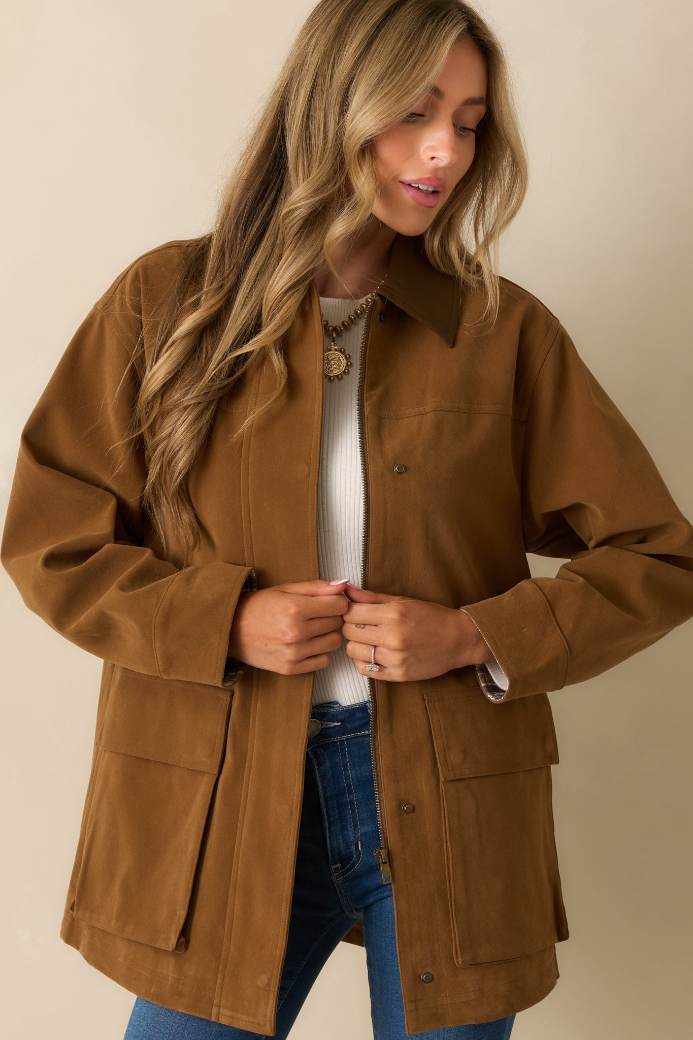 Here If You Need Camel Brown Faux Suede Barn Jacket