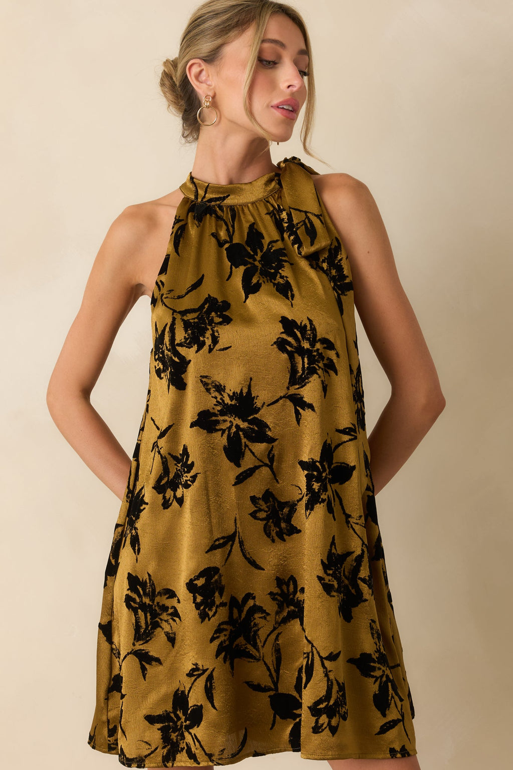 All That Glimmers Dark Gold Floral Satin Mini Dress