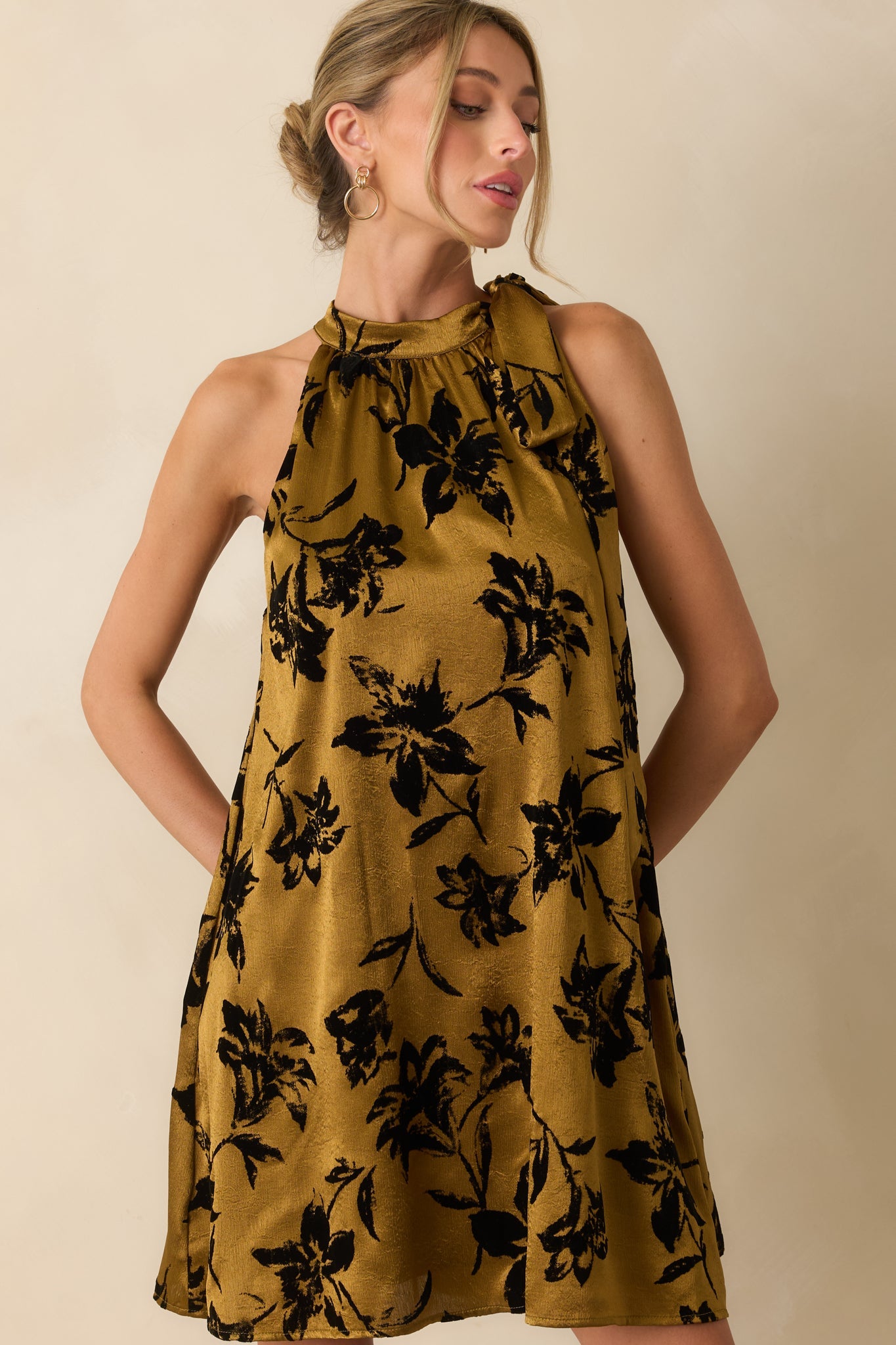 All That Glimmers Dark Gold Floral Satin Mini Dress
