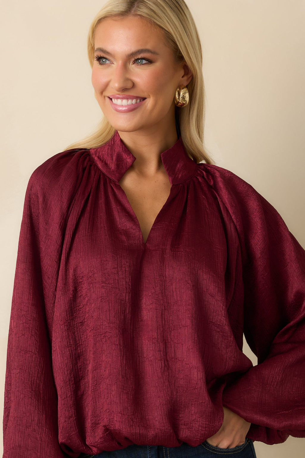 Promise Me This Burgundy Satin V-Neck Peasant Sleeve Top