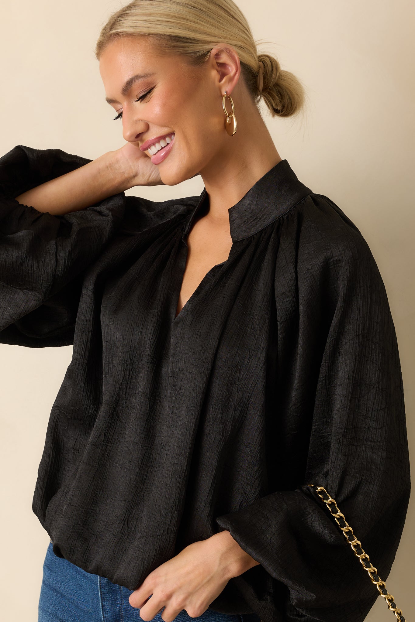 Promise Me This Black Satin V-Neck Peasant Sleeve Top