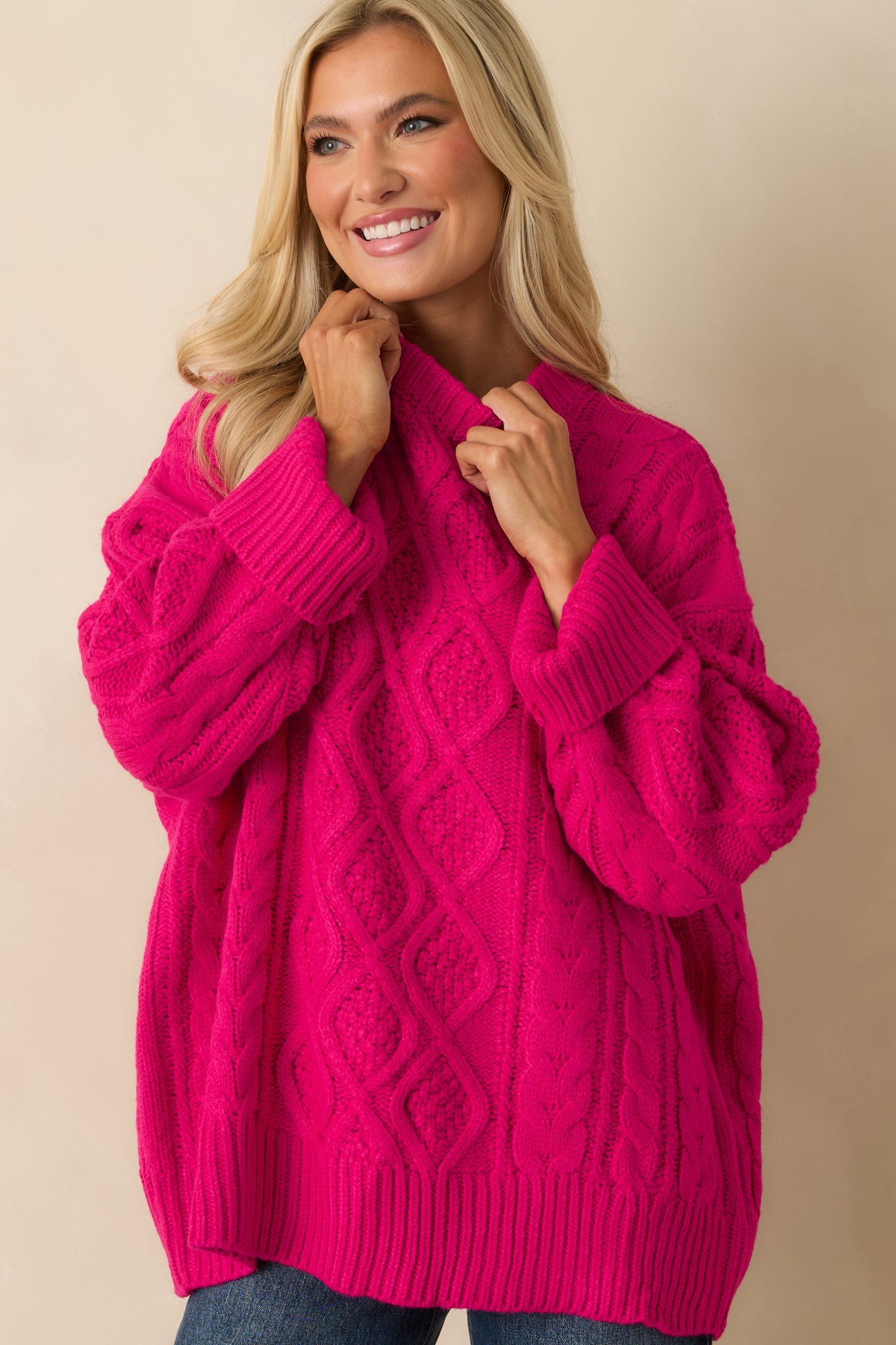 Feeling Bright Hot Pink Cable Knit Oversized Sweater
