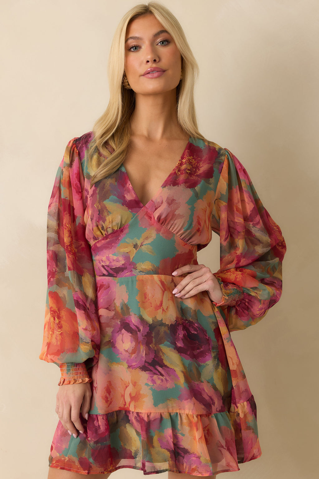 Petals in Motion Pink Multi Floral Print Chiffon Mini Dress