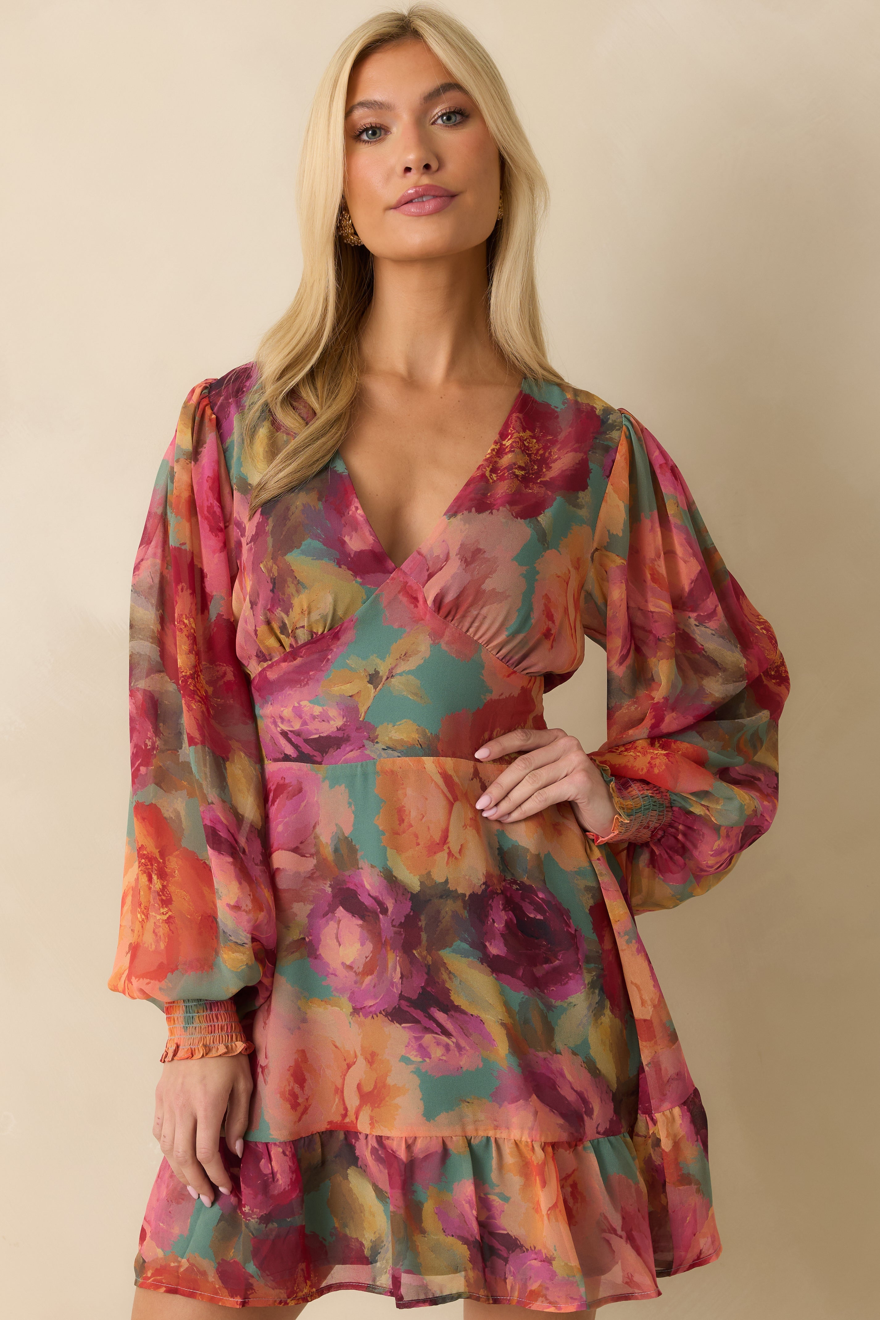 Petals in Motion Pink Multi Floral Print Chiffon Mini Dress