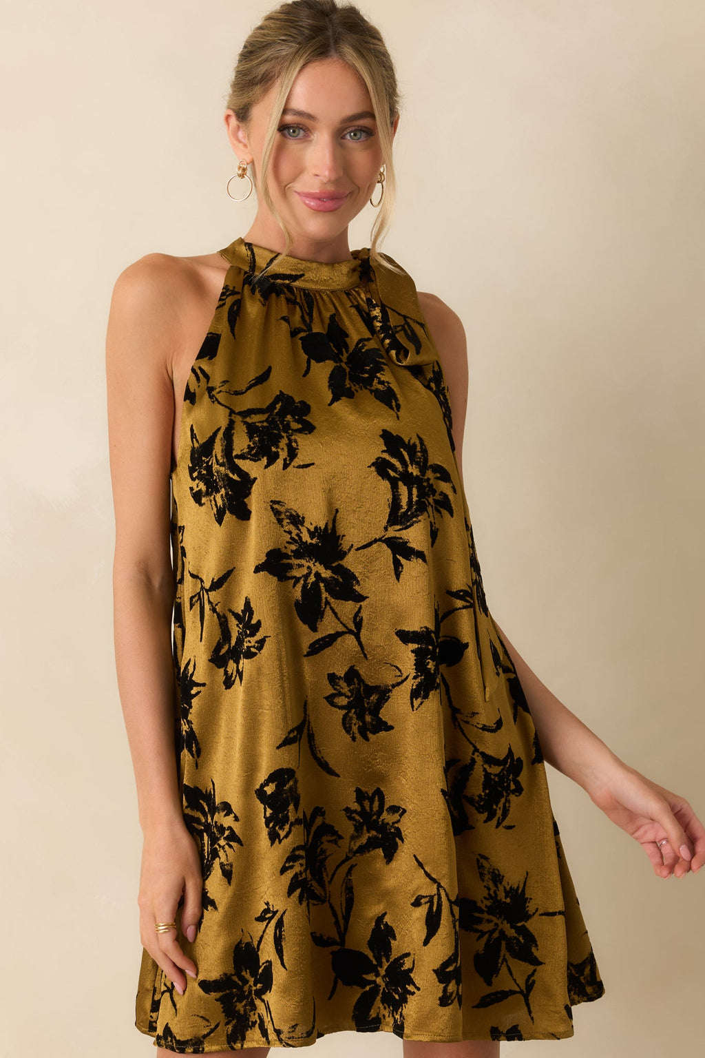 All That Glimmers Dark Gold Floral Satin Mini Dress