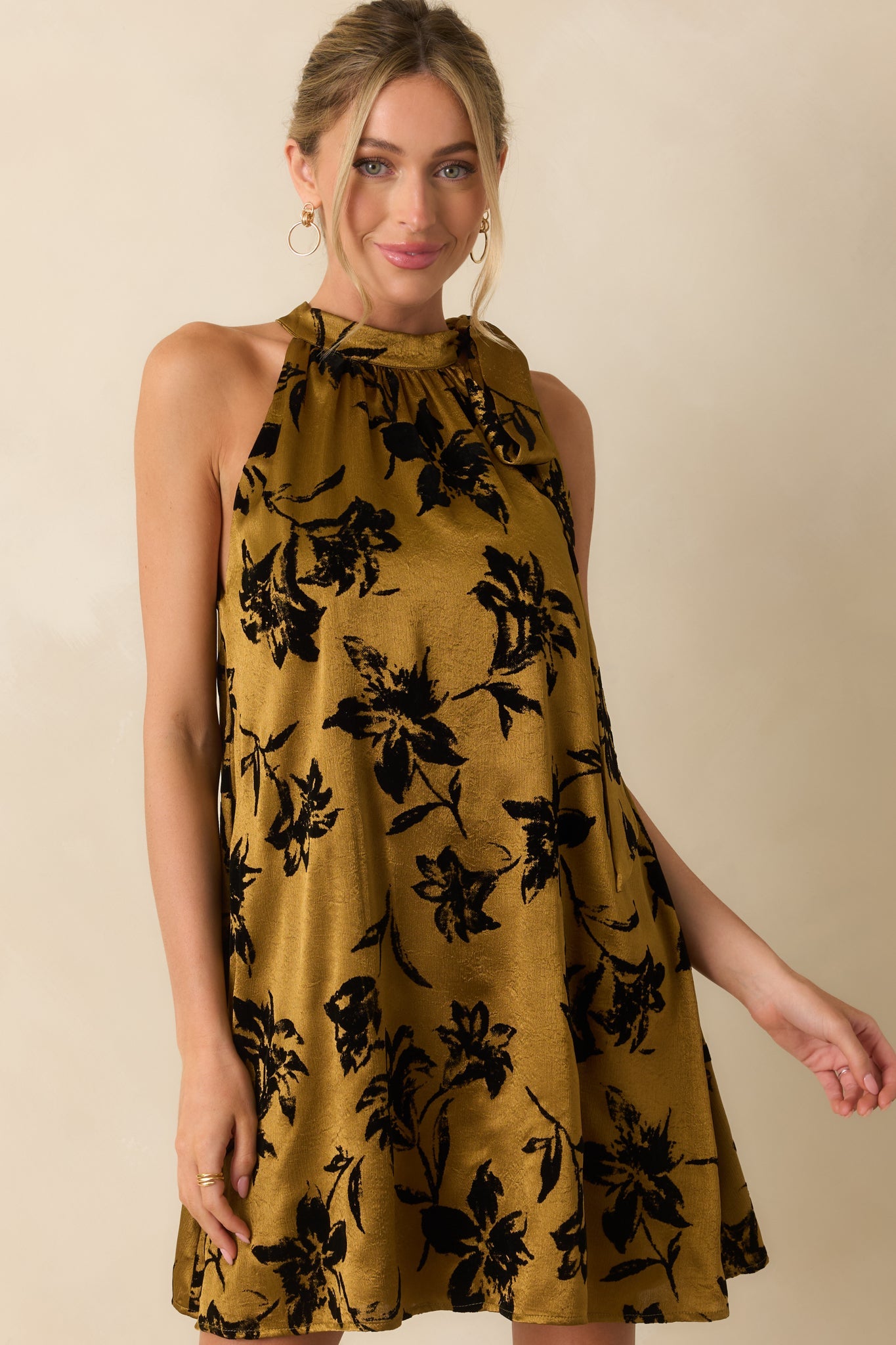 All That Glimmers Dark Gold Floral Satin Mini Dress