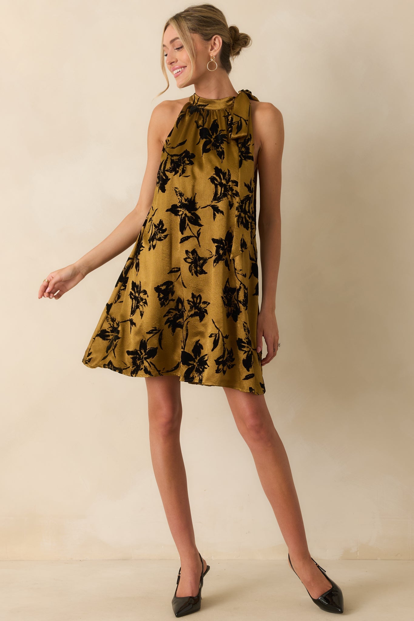 All That Glimmers Dark Gold Floral Satin Mini Dress