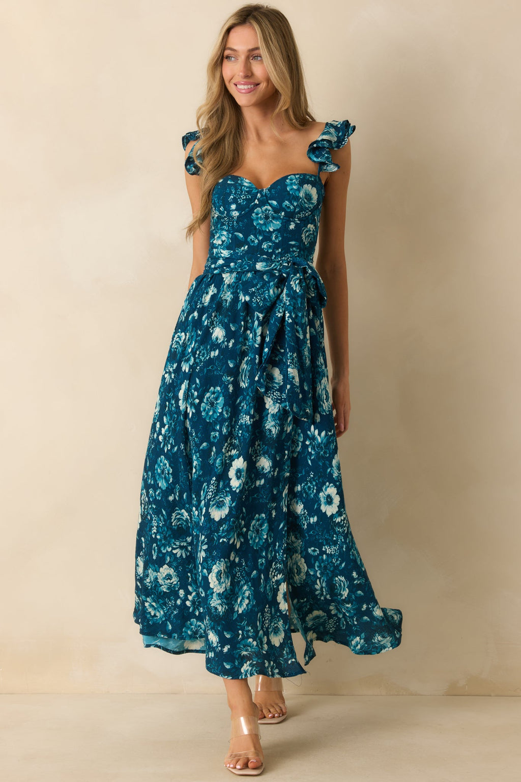 Aimee Dark Teal Multi Floral Print Bustier Maxi Dress
