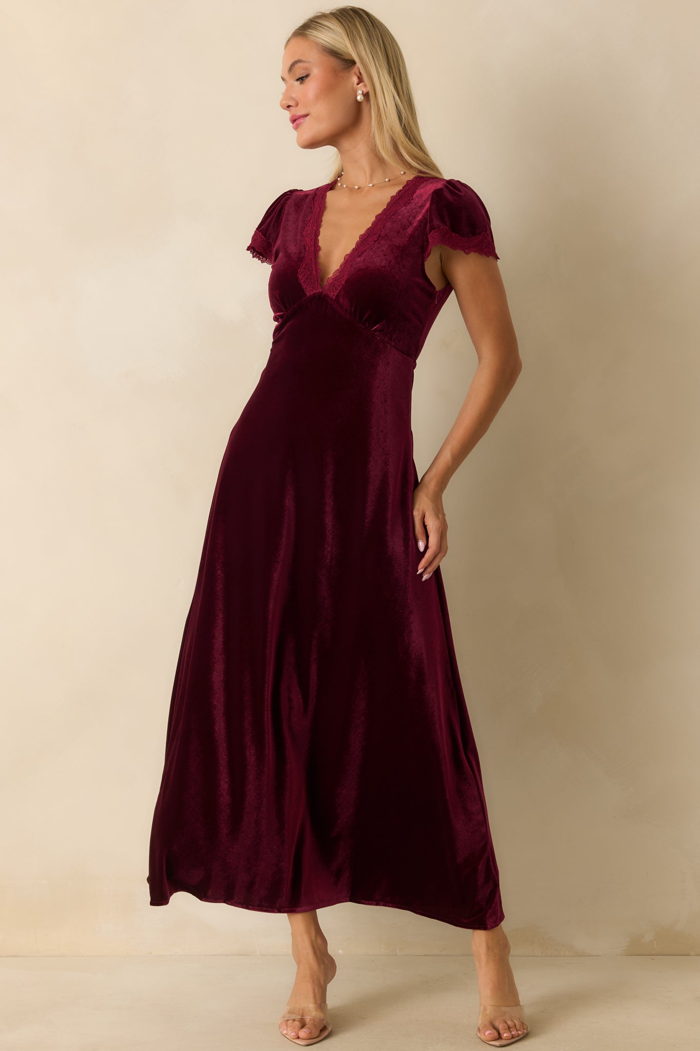 Made For The Moment Merlot V-Neck Velvet Maxi Dress