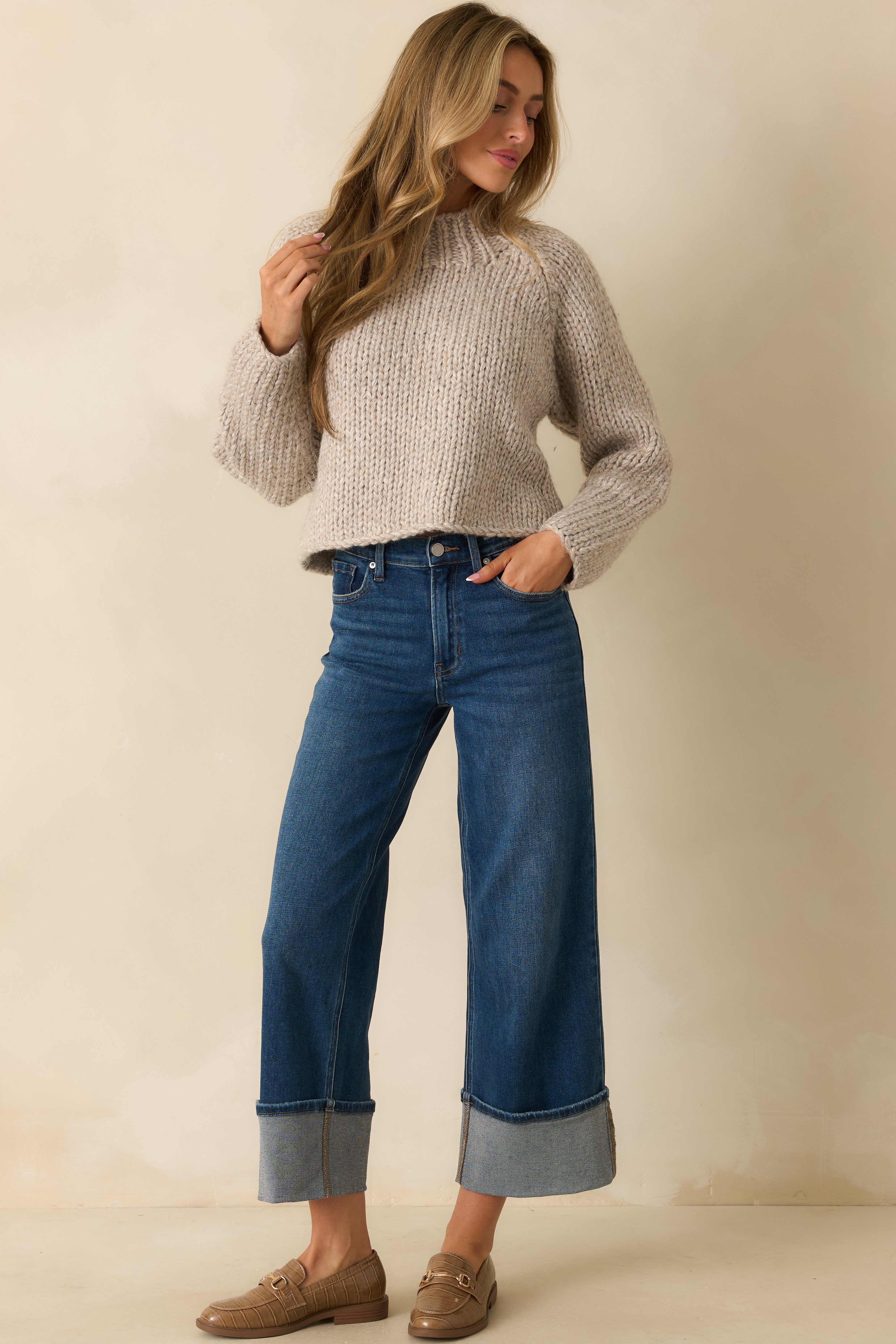 Long Story Short Deep Vintage Indigo Wide-Leg Cuffed Jeans