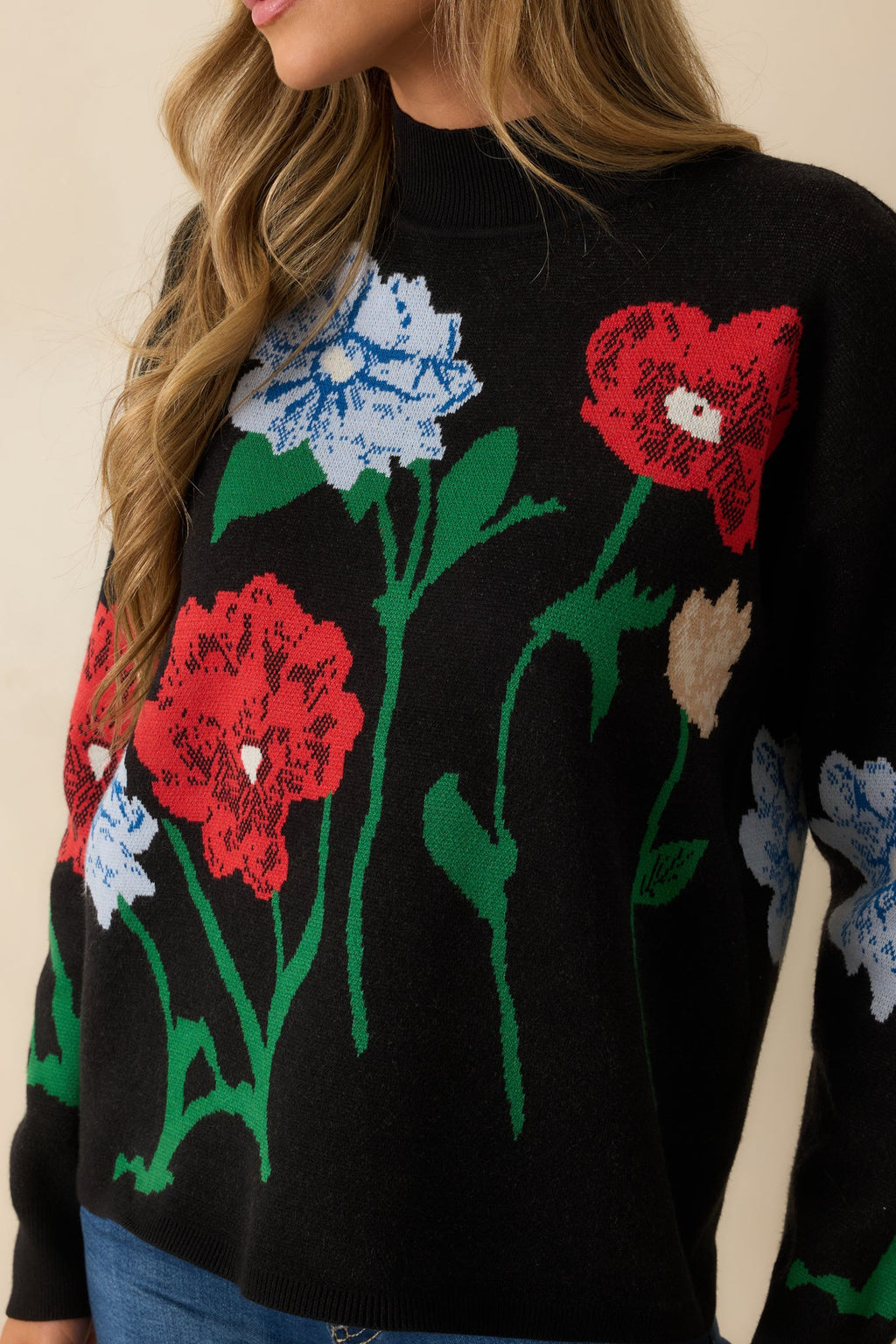 Garden Stroll Black Multi Floral Knit Sweater