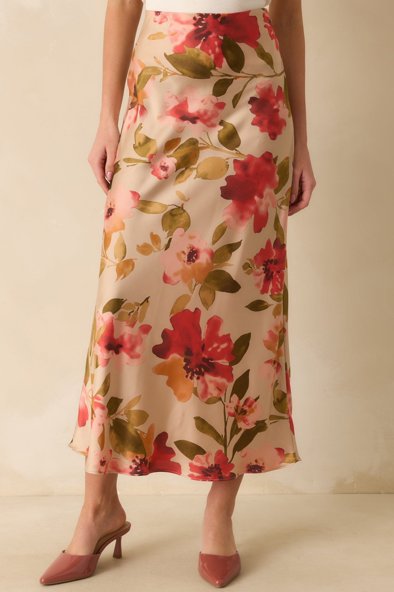 Nothing More To Say Tan Multi Floral Print Satin Maxi Skirt