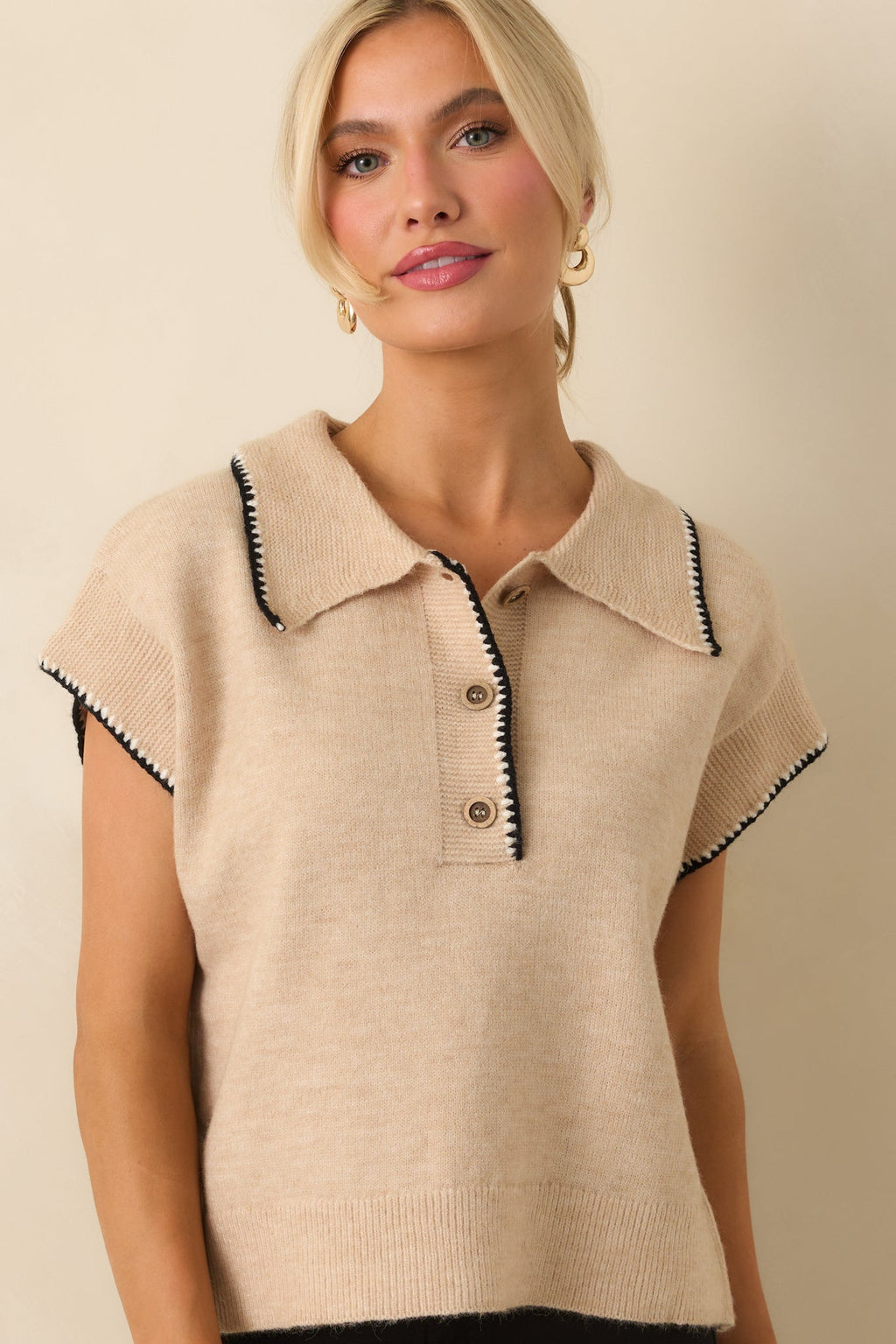 Let’s Call It Even Oatmeal Beige Contrast Trim Knit Short Sleeve Polo Top