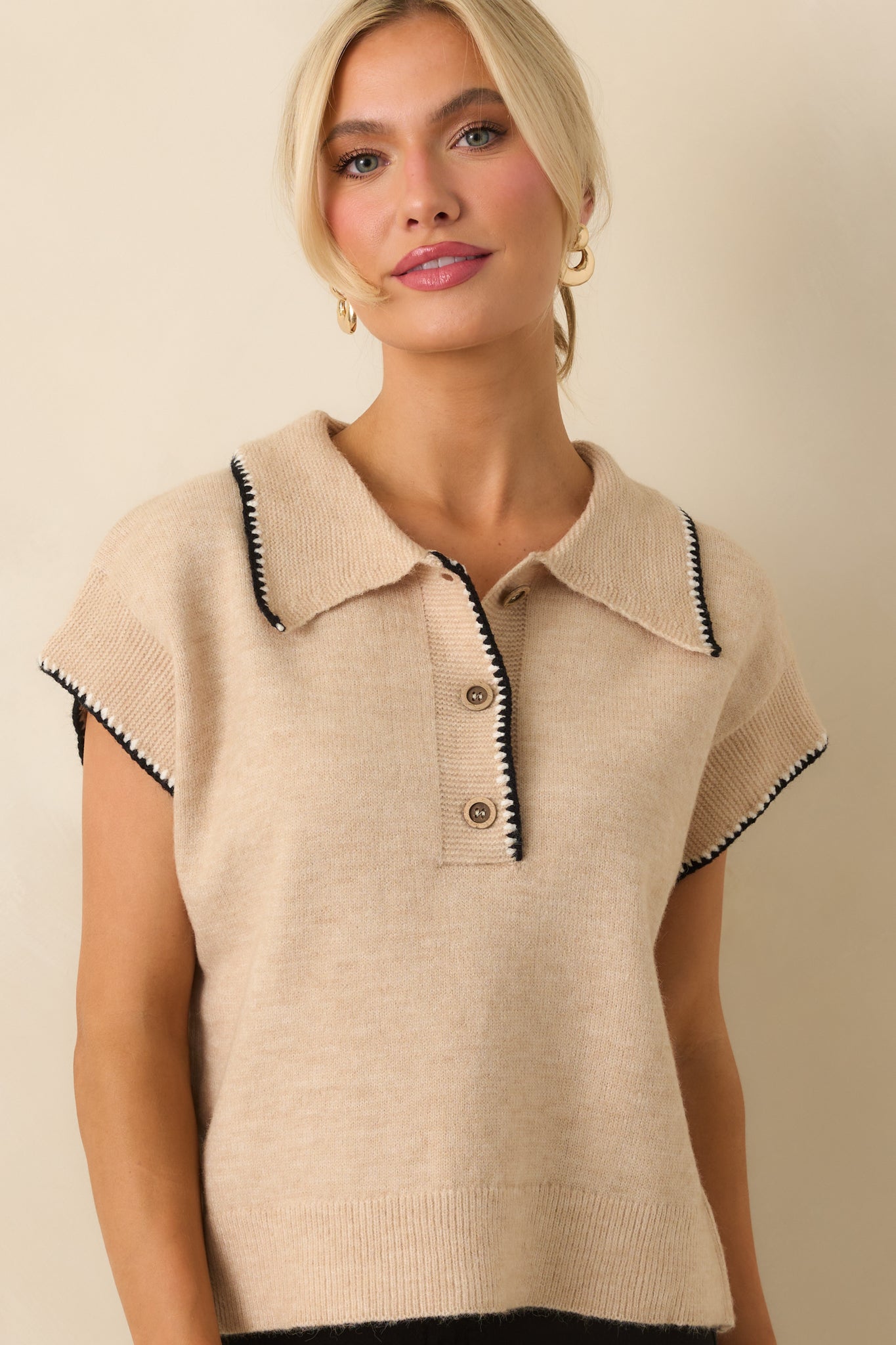 Let’s Call It Even Oatmeal Beige Contrast Trim Knit Short Sleeve Polo Top