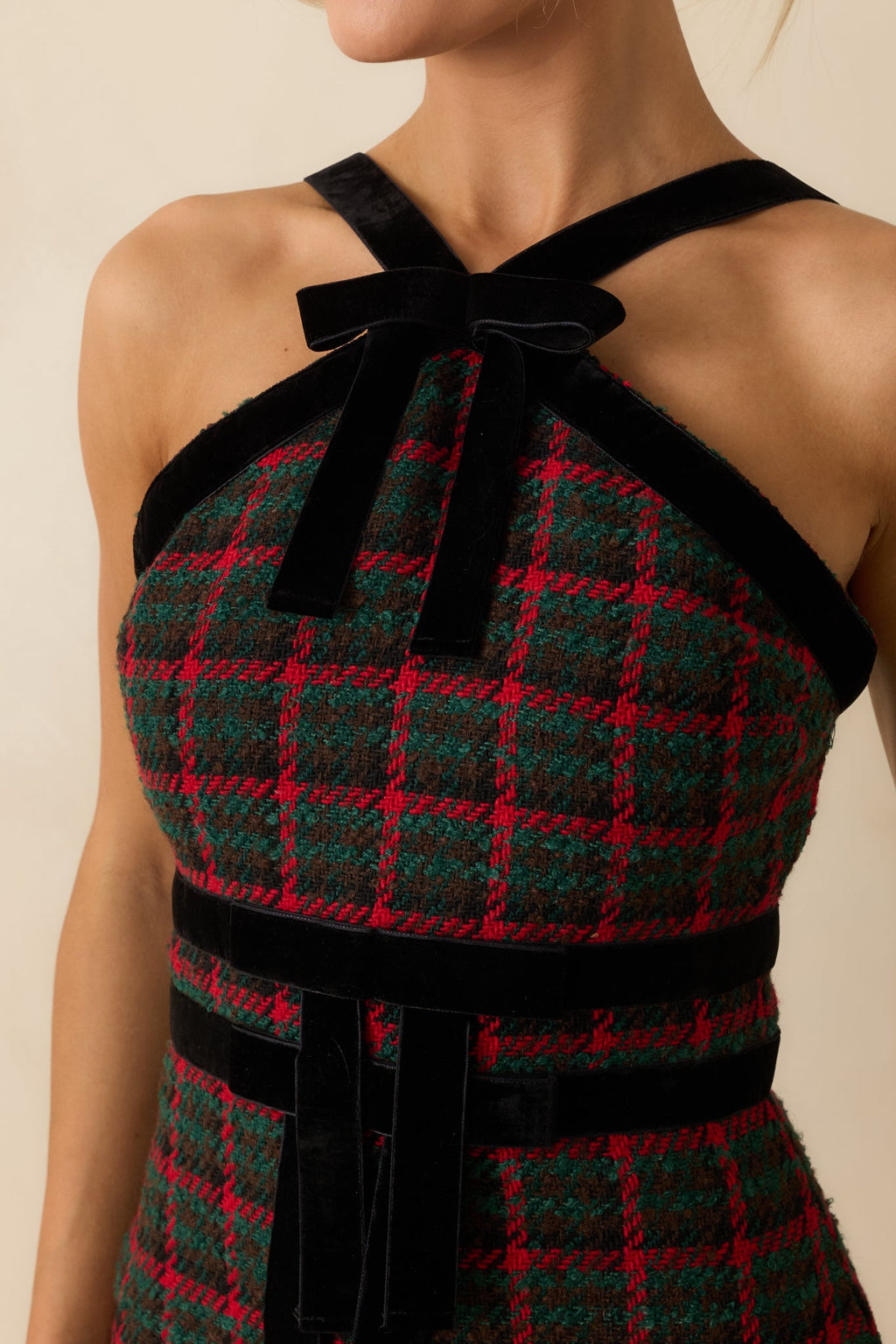 Prosperina Faye Green Multi Plaid Tweed Halter Dress