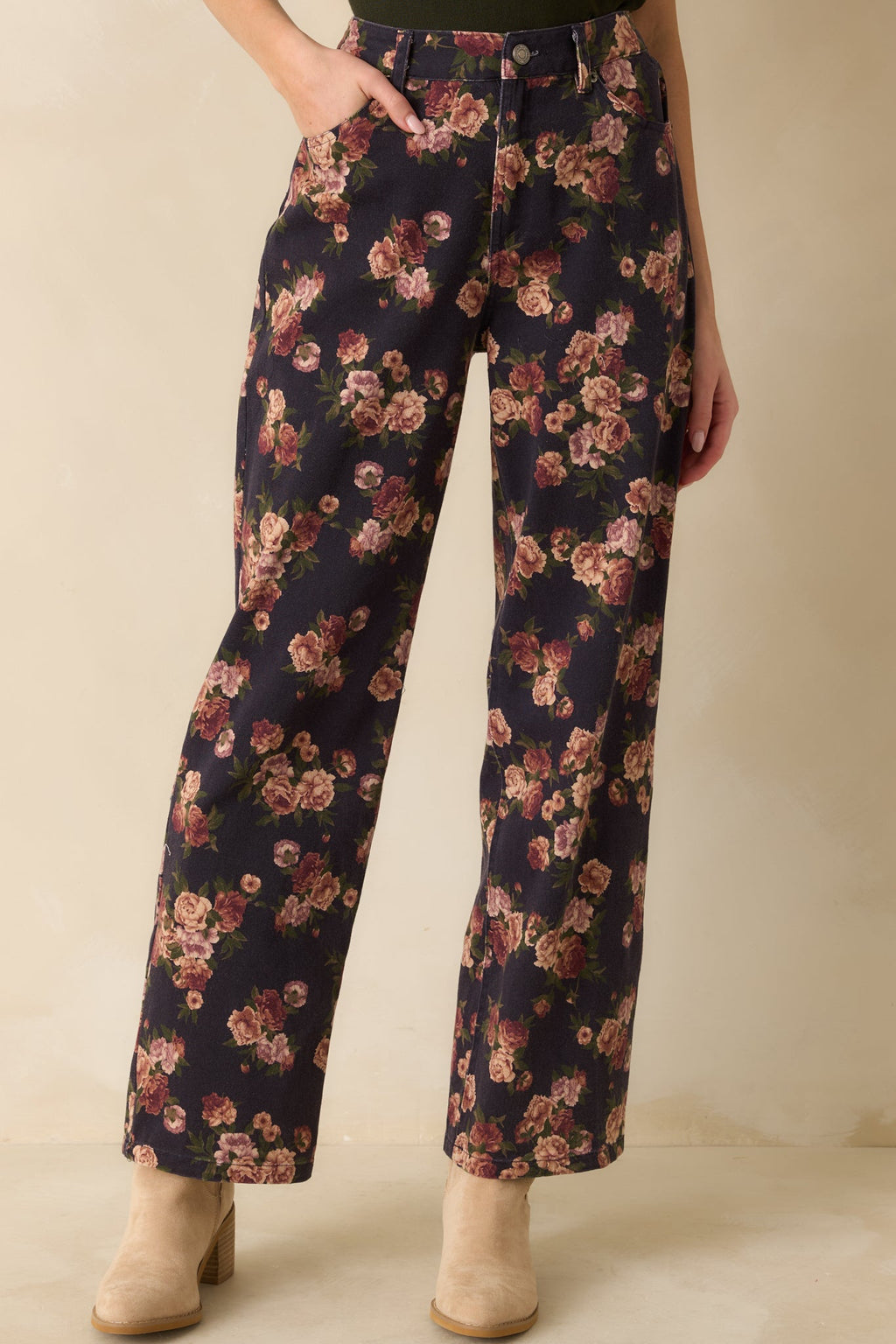 Step By Step Navy Floral Straight Leg Jeans