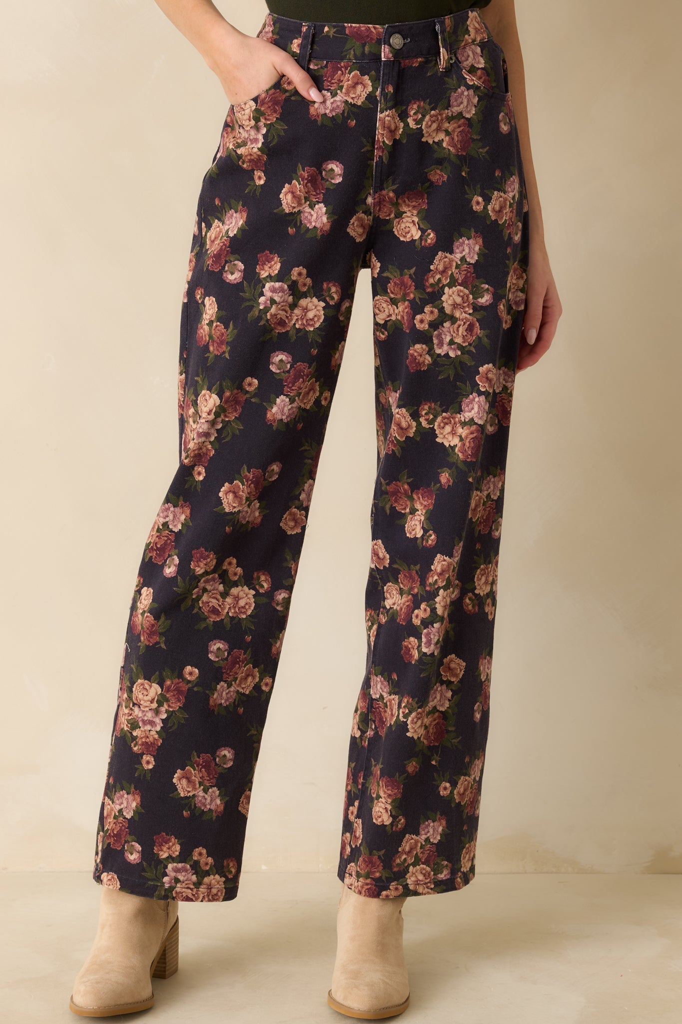 Step By Step Navy Floral Straight Leg Jeans