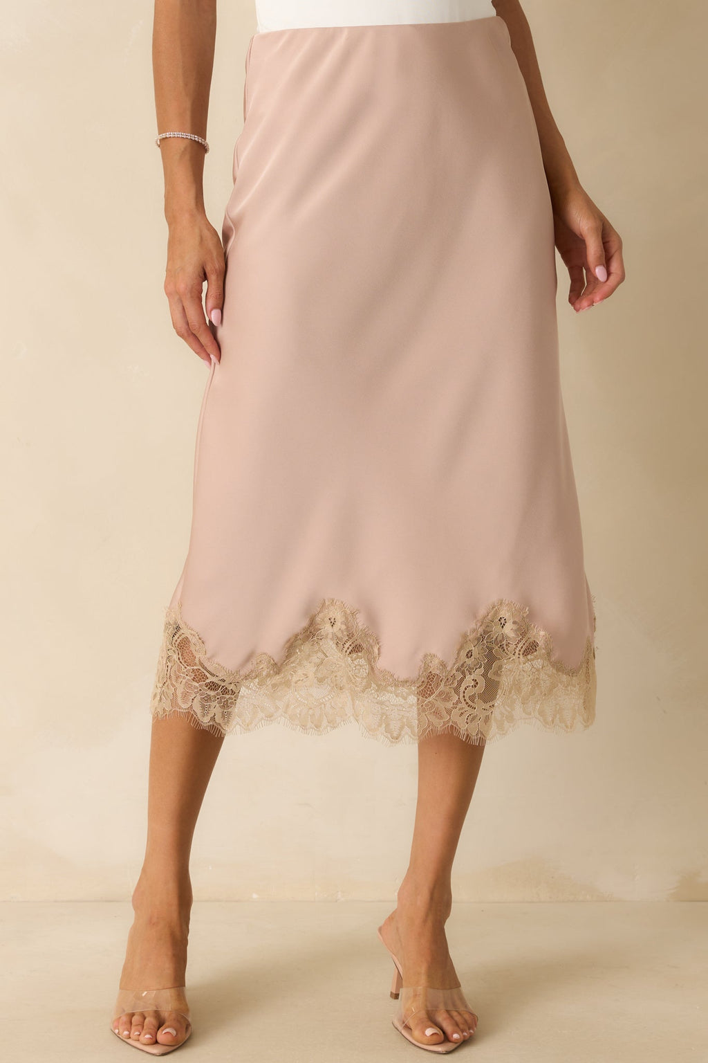 Just Call Me Later Dusty Pink Satin Lace Trim Midi Skirt