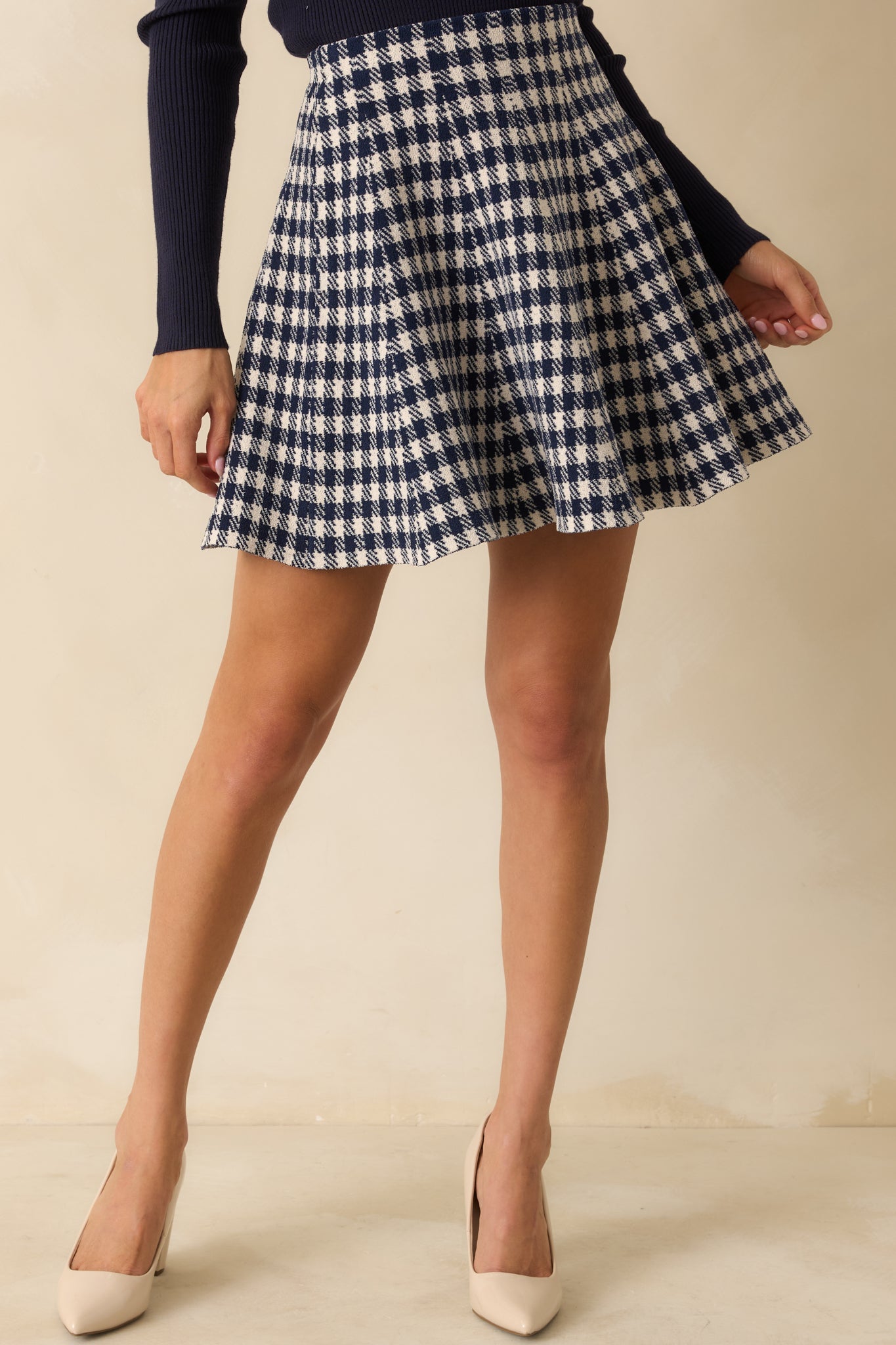 Prepped For Anything Navy Blue Gingham Knit Mini Skirt