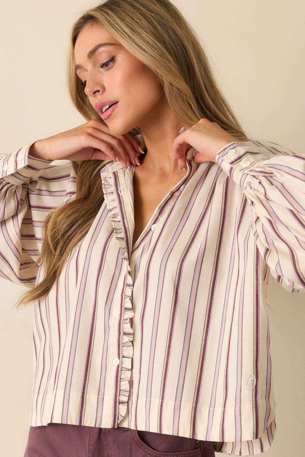 FRNCH Ivory & Lilac Striped Button Up Molly Shirt
