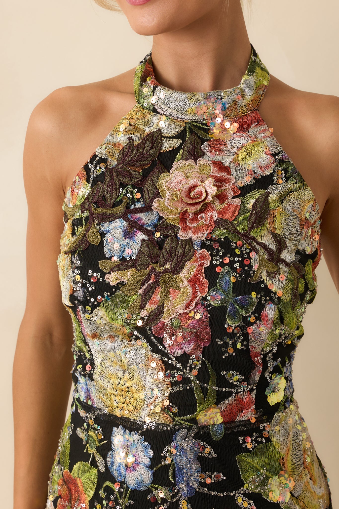 Daring To Bloom Black Multi Floral Sequined Halter Mini Dress
