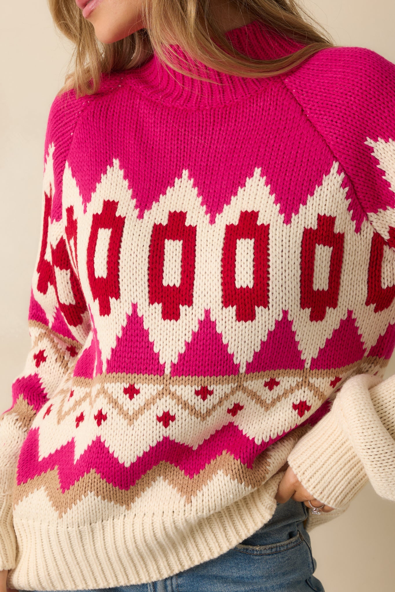 The Art of Warmth Fuchsia Pink Multi Knit Pattered Sweater