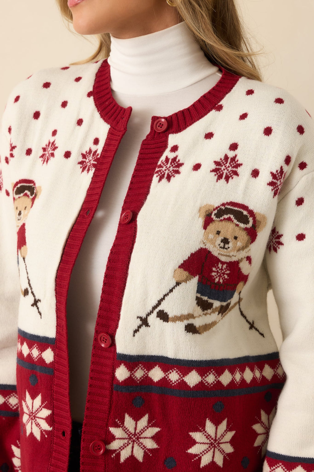 Ski Season Sweetie Ivory & Red Knit Ski Bear Cardigan Sweater