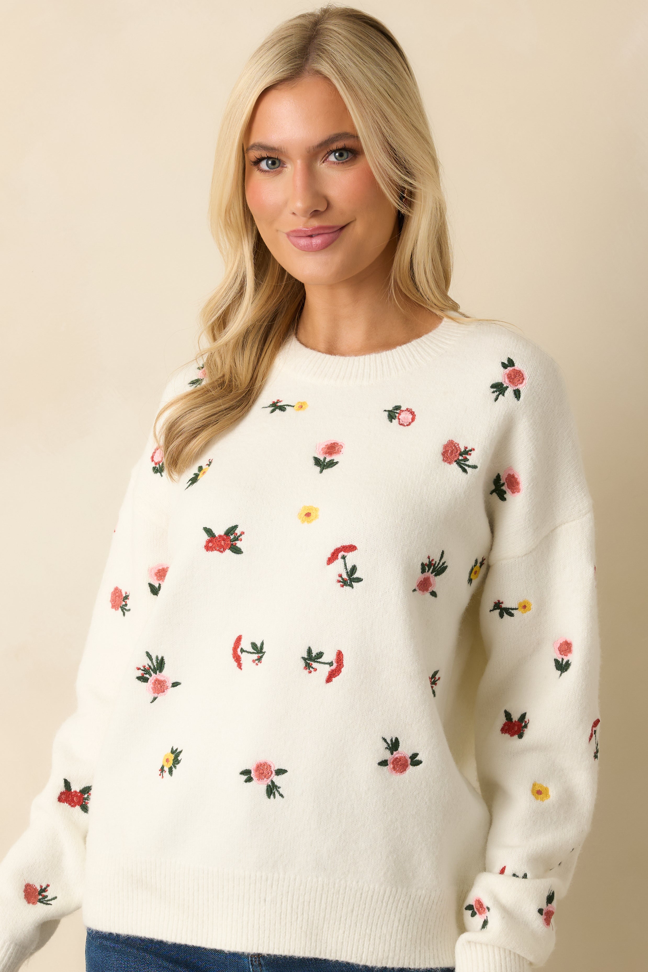 Naturally Yours White Multi Floral Embroidered Knit Sweater