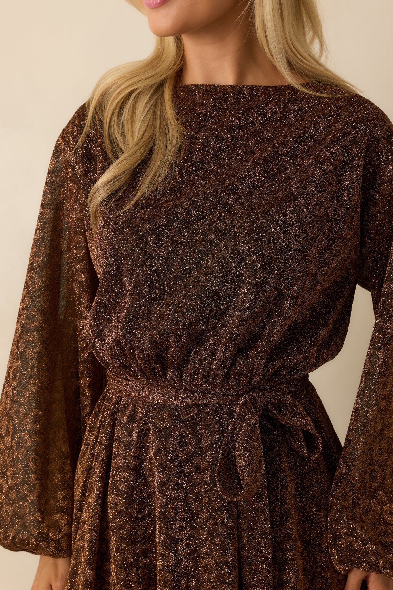 Subtle Spark Brown Leopard Print Shimmer Long Sleeve Maxi Dress