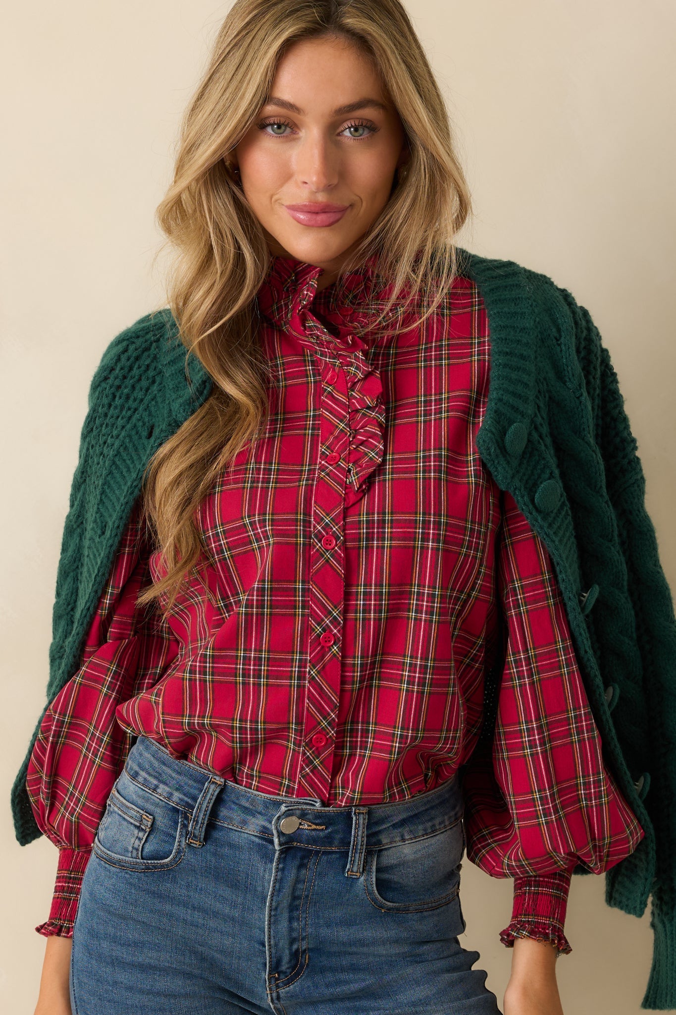 Festive Feeling Red Plaid Cotton Ruffle Neck Button Up Blouse