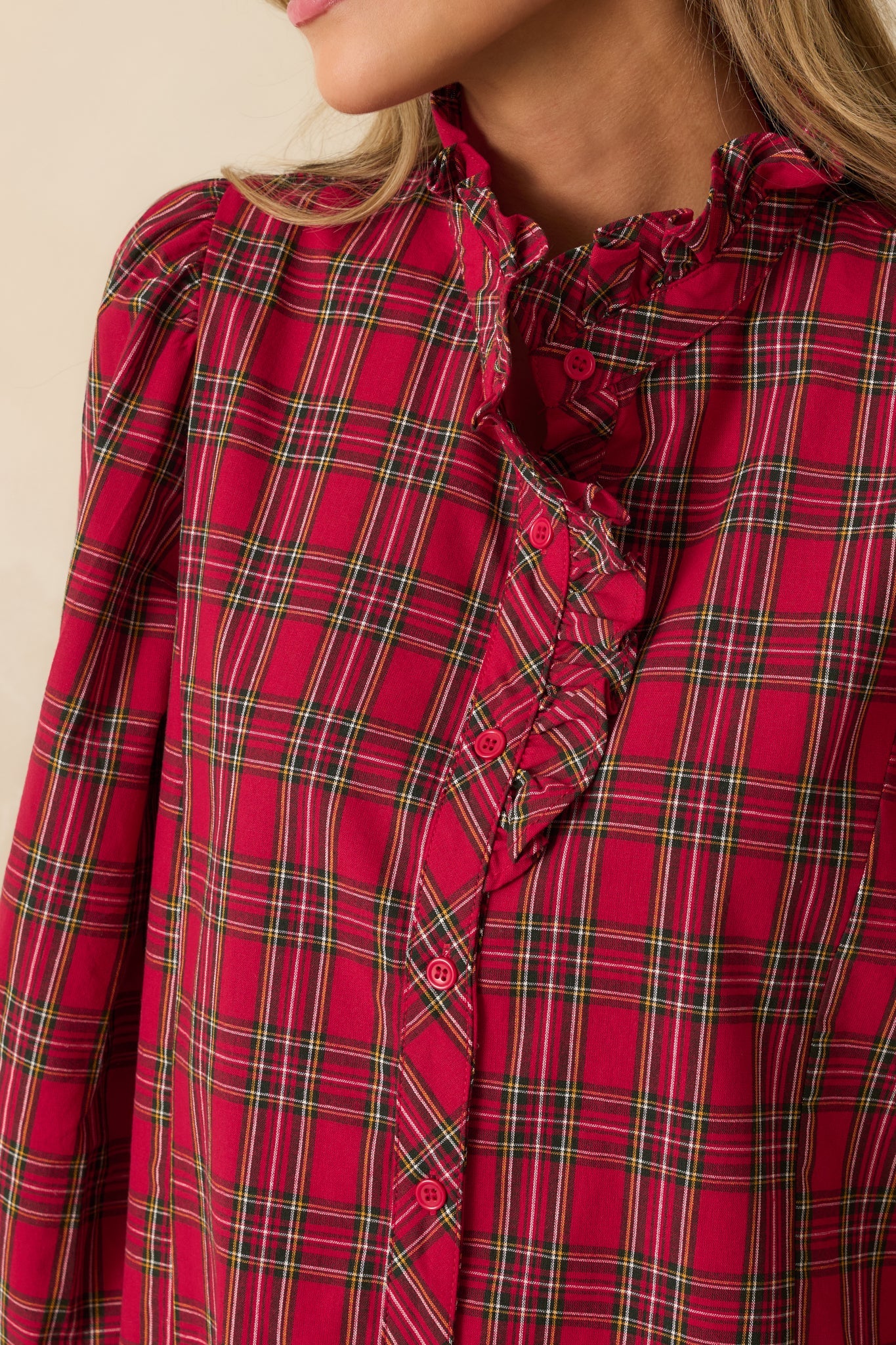 Festive Feeling Red Plaid Cotton Ruffle Neck Button Up Blouse
