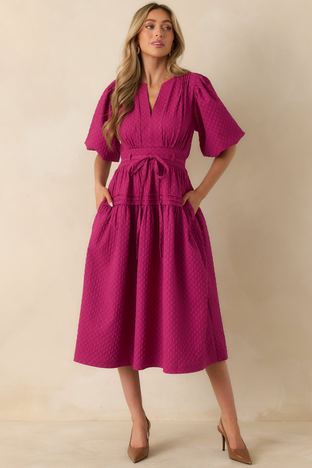 Sweetest Thing Yet Magenta Pink Textured Woven Pleated Midi Dress
