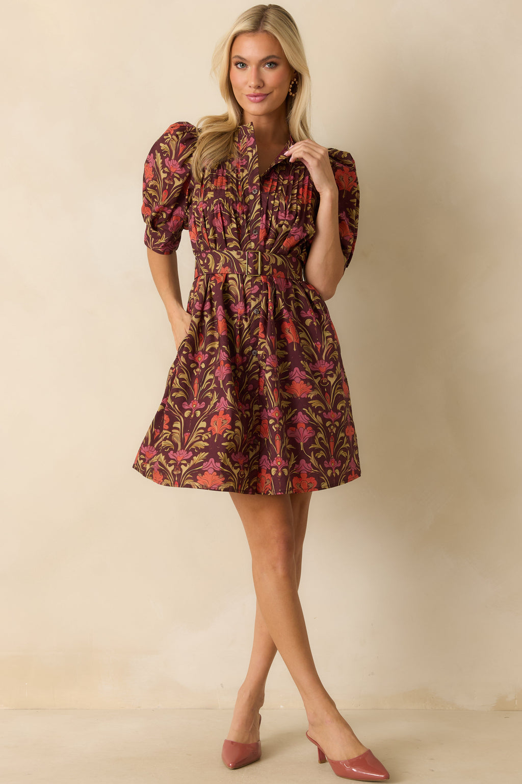 Flourish And Find Out Burgundy Multi Floral Print Cotton Mini Dress