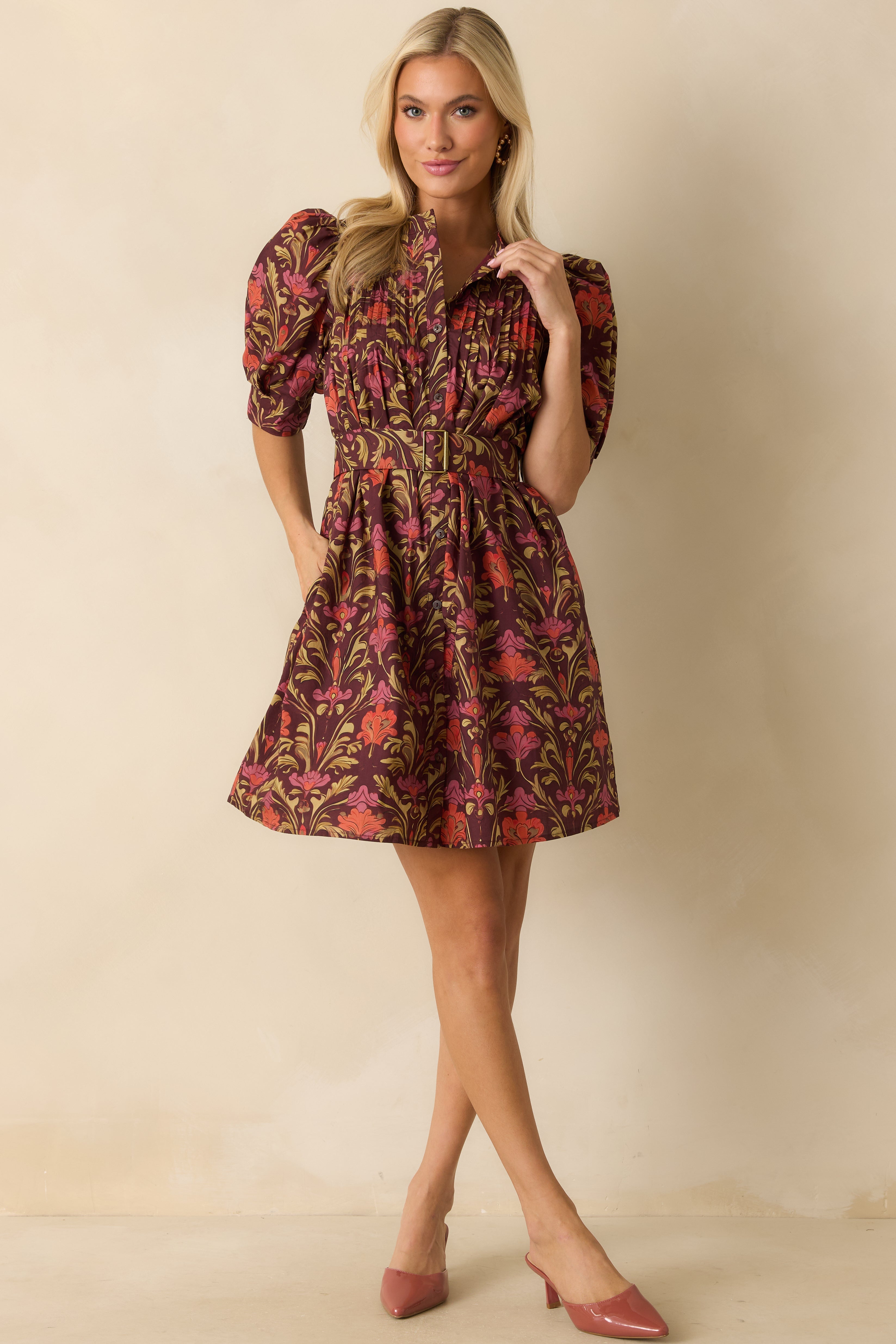 Flourish And Find Out Burgundy Multi Floral Print Cotton Mini Dress