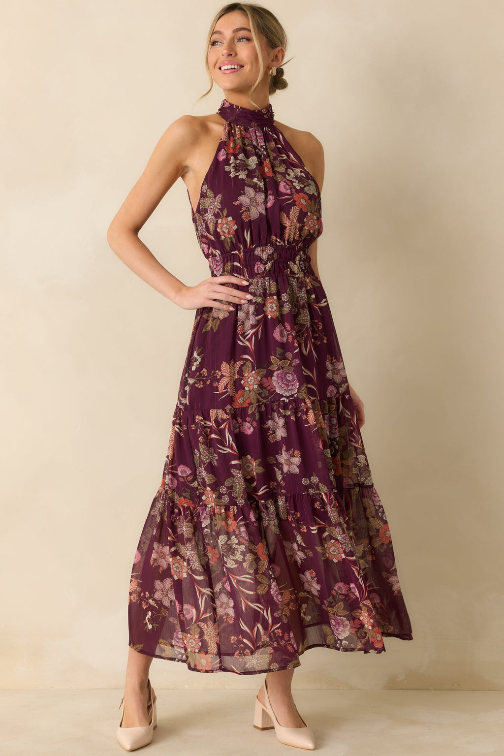 Flirt With Flora Berry Purple Multi Floral Print Halter Maxi Dress