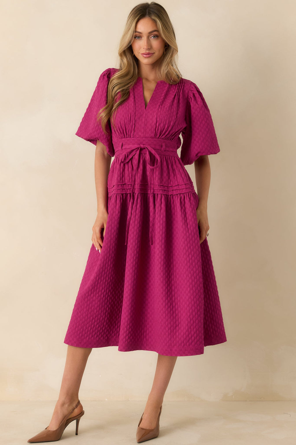 Sweetest Thing Yet Magenta Pink Textured Woven Pleated Midi Dress
