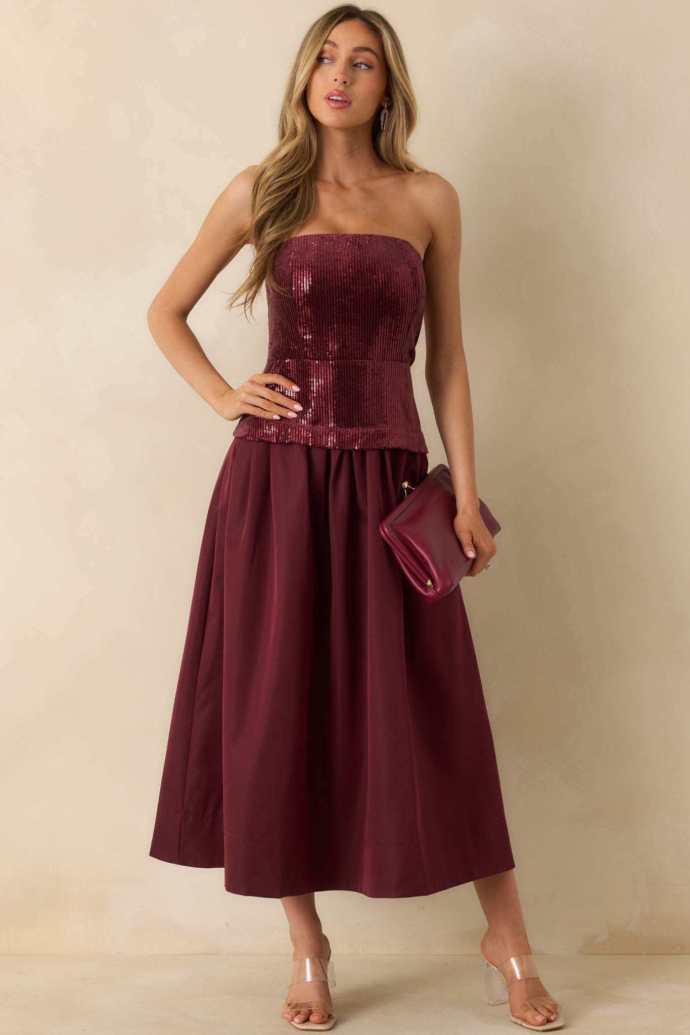Sips & Sparkles Wine Red Sequin Strapless Midi Dress