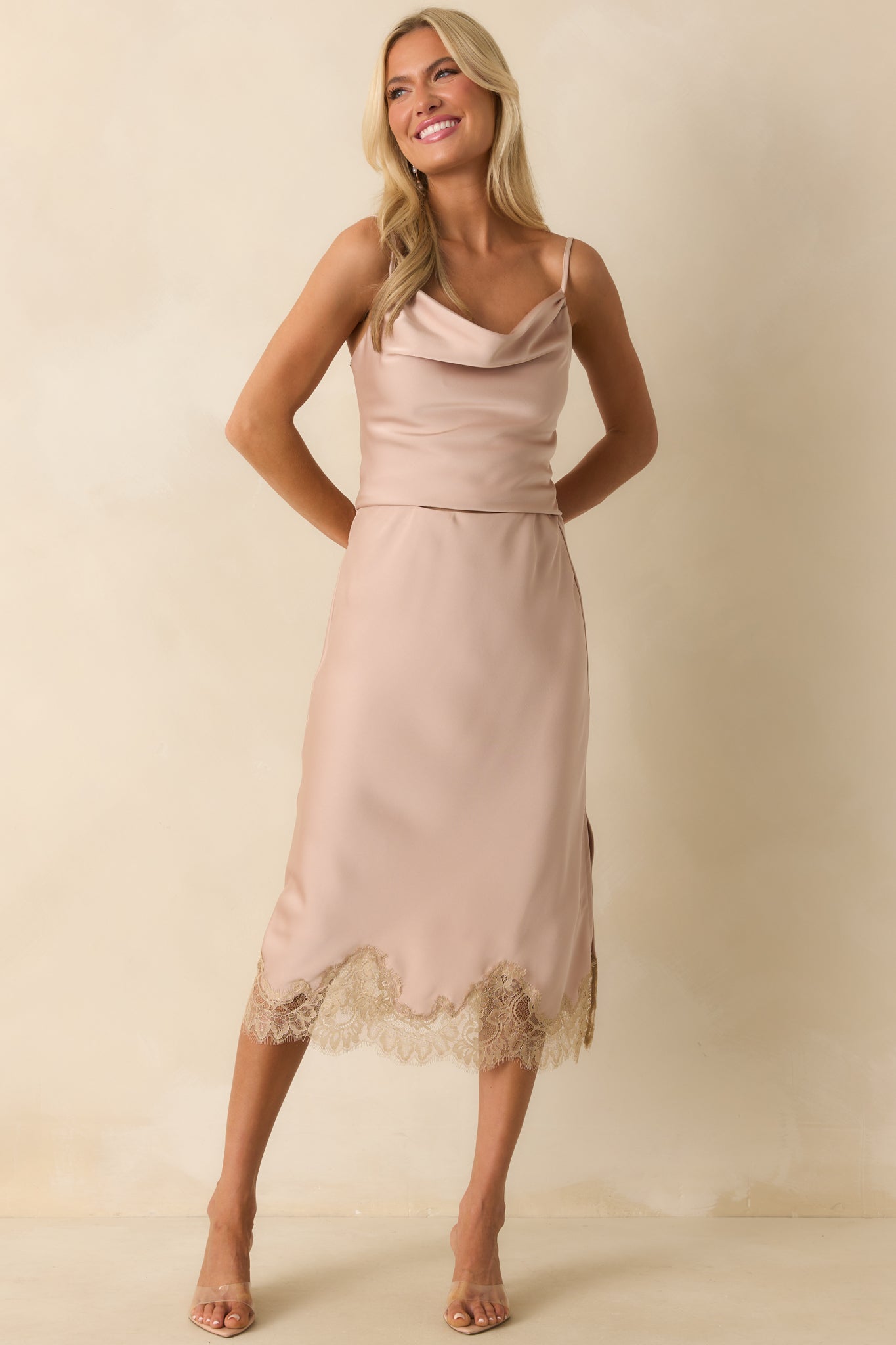 Just Call Me Later Dusty Pink Satin Lace Trim Midi Skirt