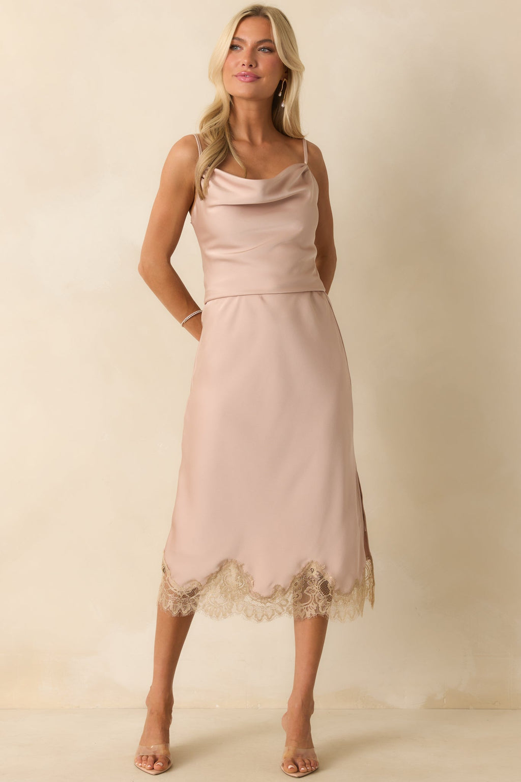 Let’s Go Already Dusty Pink Satin Cowl Neck Sleeveless Top