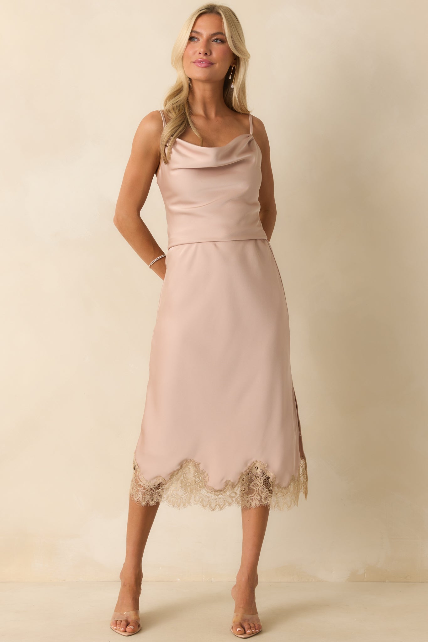 Let’s Go Already Dusty Pink Satin Cowl Neck Sleeveless Top