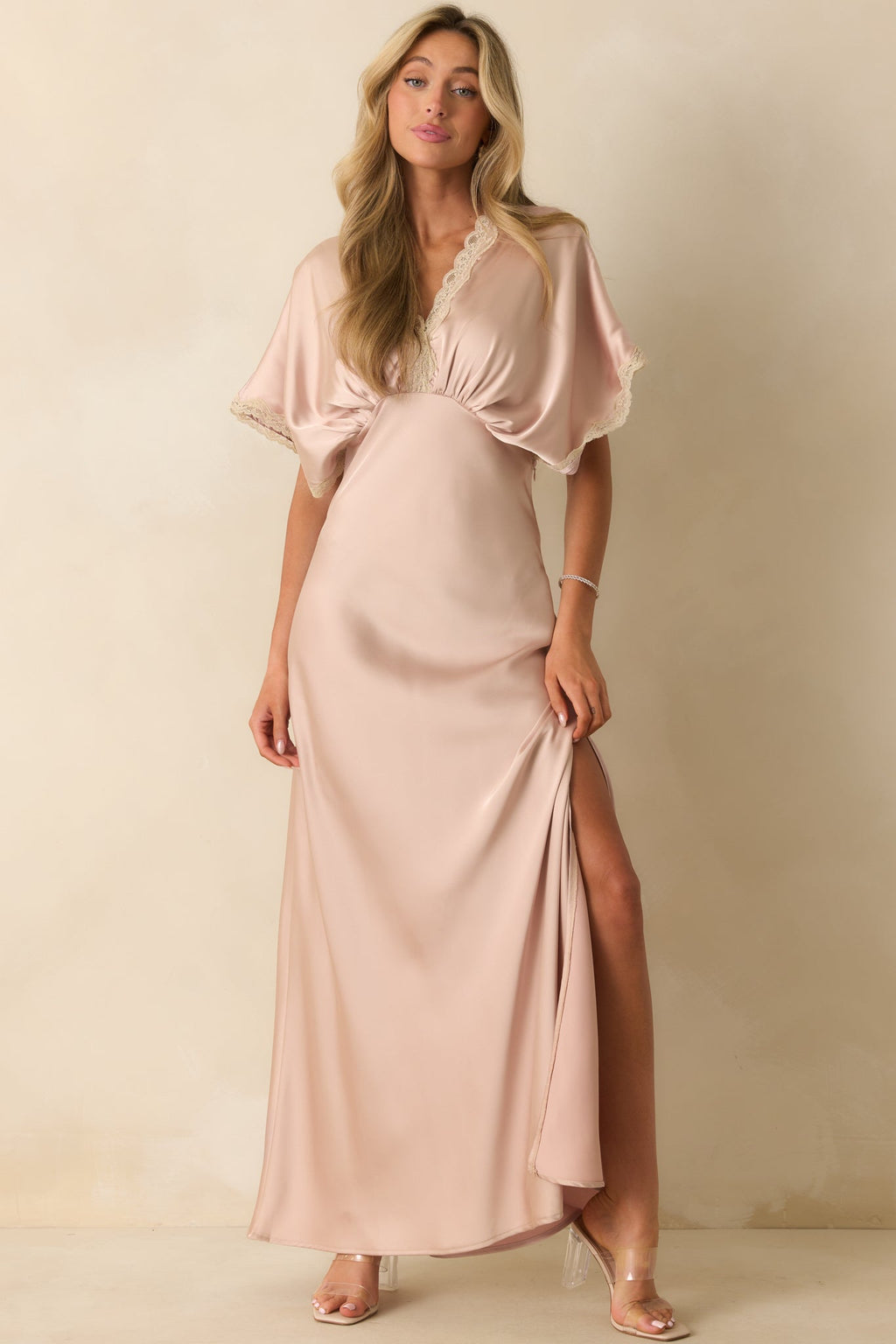 All The Right Reasons Dusty Pink Satin Lace Trim Maxi Dress