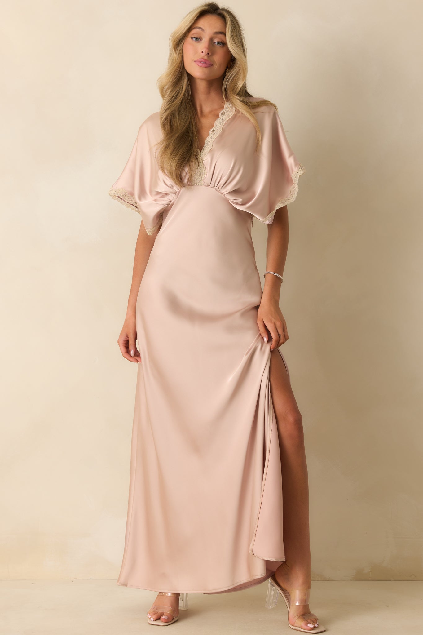 All The Right Reasons Dusty Pink Satin Lace Trim Maxi Dress