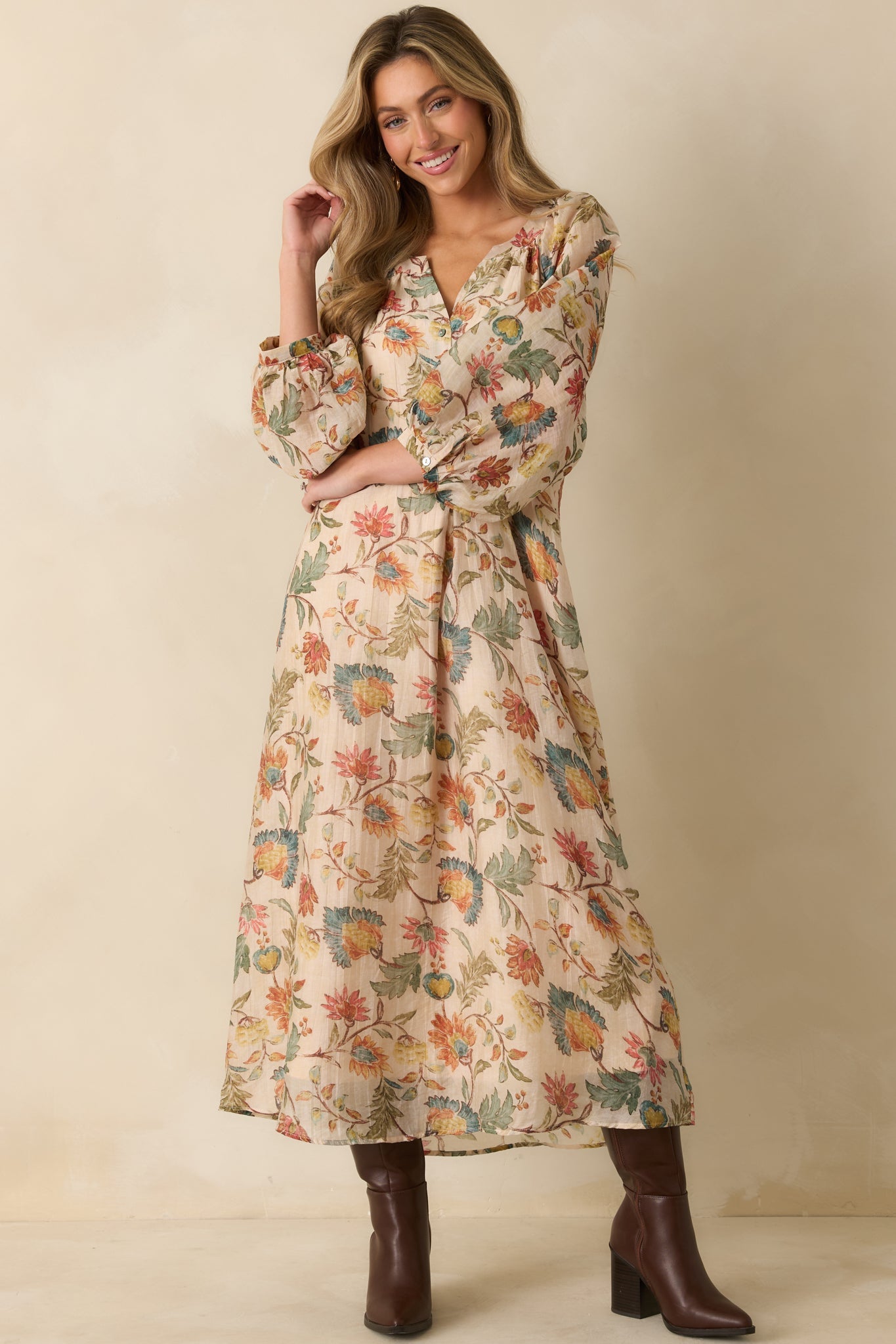 Among the Wildflowers Beige Multi Floral Print Long Sleeve Maxi Dress