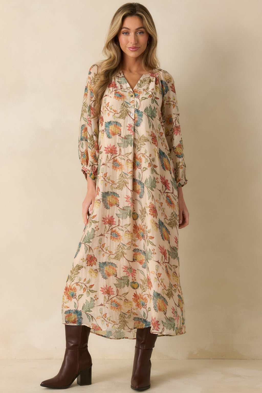 Among the Wildflowers Beige Multi Floral Print Long Sleeve Maxi Dress