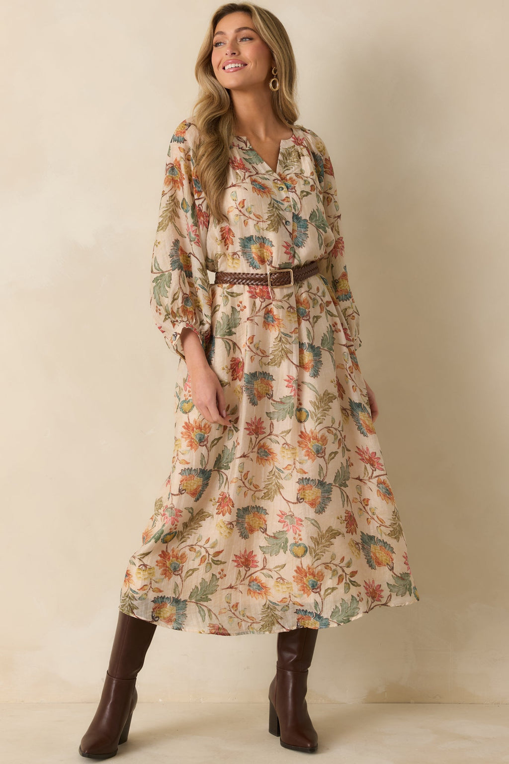 Among the Wildflowers Beige Multi Floral Print Long Sleeve Maxi Dress