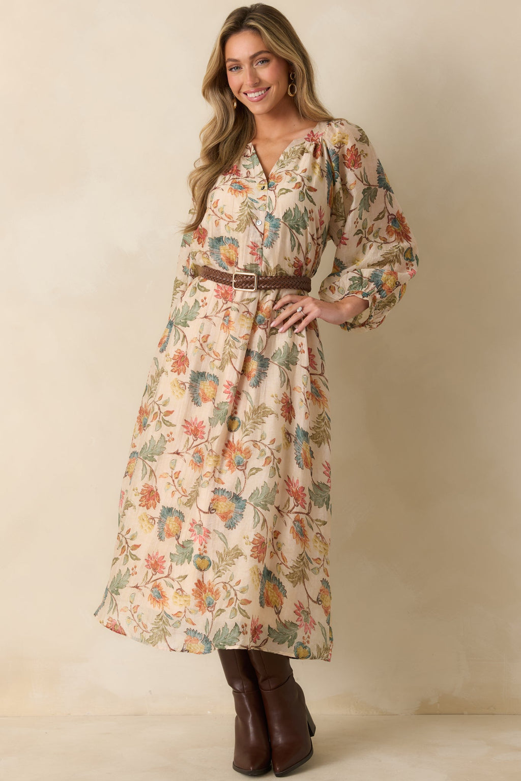 Among the Wildflowers Beige Multi Floral Print Long Sleeve Maxi Dress