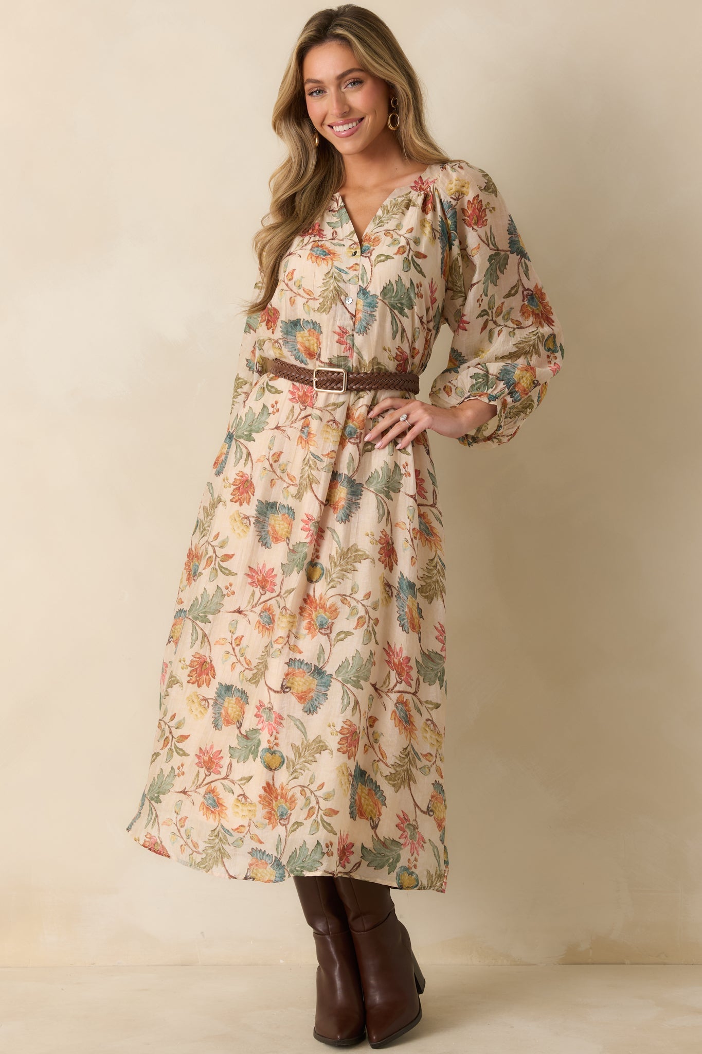 Among the Wildflowers Beige Multi Floral Print Long Sleeve Maxi Dress